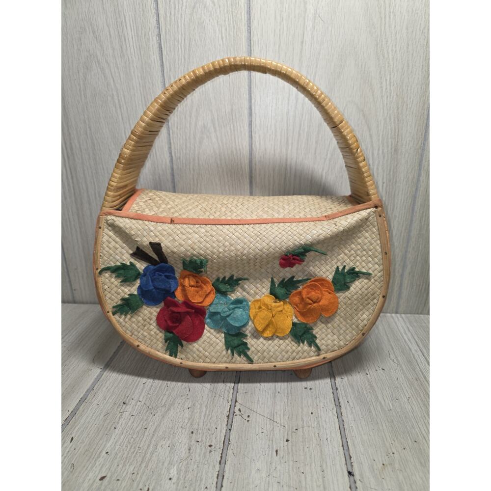 Vintage Raffia Straw Floral Embroidered Banquet Bag Tropical Vacation Cruise